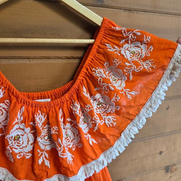 Miss June Esmerelda Long Dress Orange Embroidered Tiered Maxi Off Shoulder OS - Picture 5 of 8